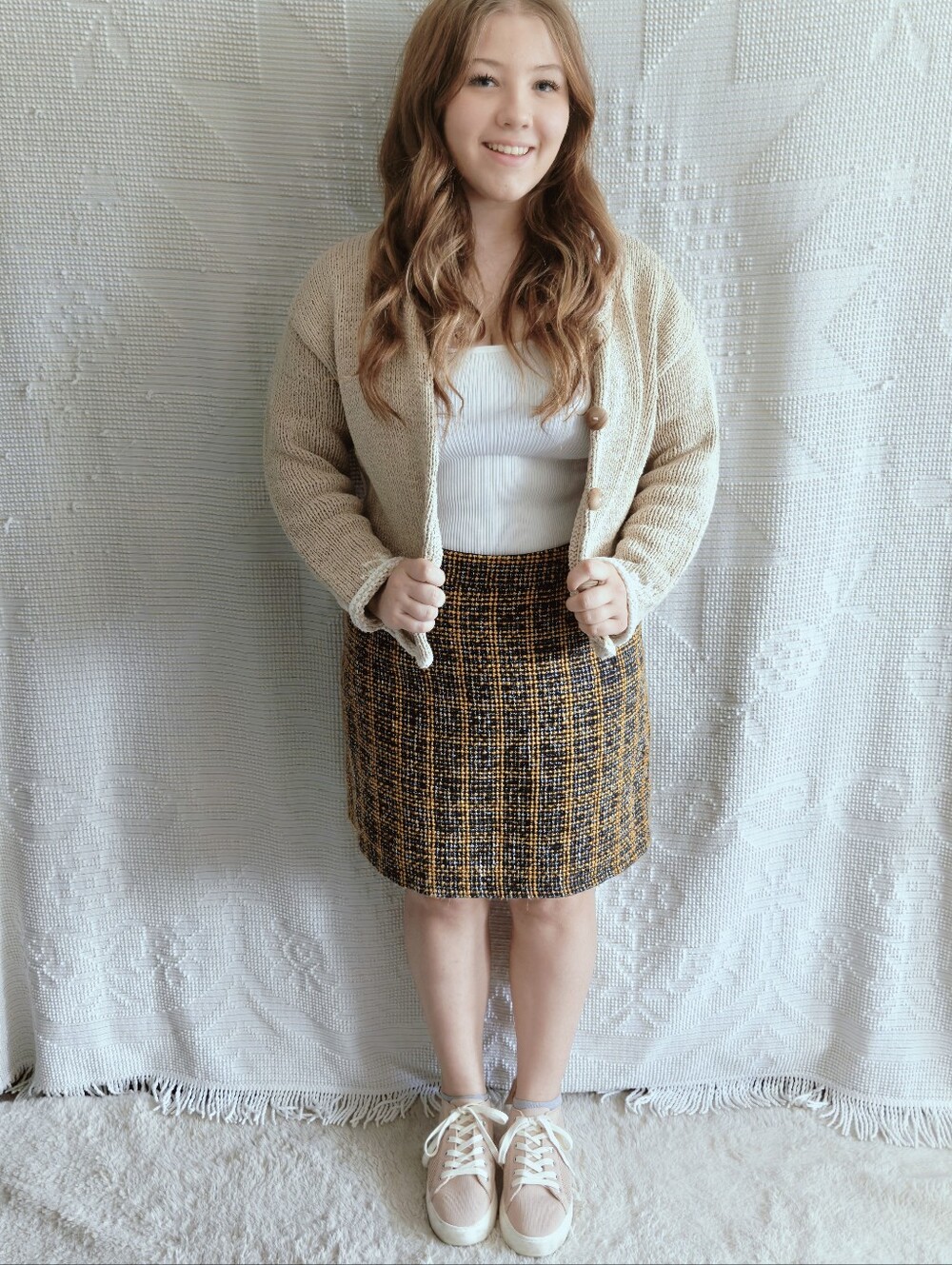 Papaya Tweed Plaid Mini Skirt | Black Camel Cream | Academia Office Work | US 14